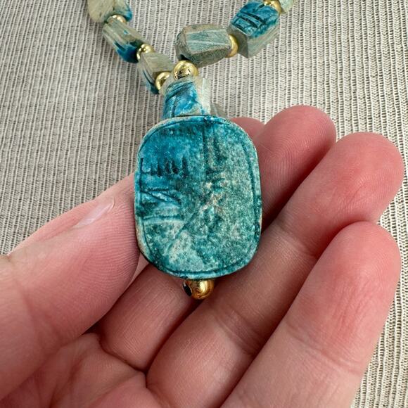 Vintage Scarab Beetle Egyptian Beaded Stone necklace - Picture 5 of 7
